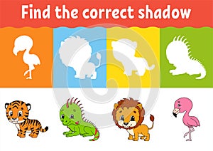 Find the correct shadow. Education worksheet. Matching game for kids. Color activity page. Puzzle for children. Animal theme.