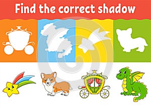 Find the correct shadow. Education worksheet. Matching game for kids. Fairytale theme. Color activity page. Puzzle for children.