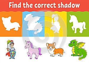 Find the correct shadow. Education worksheet. Matching game for kids. Fairytale theme. Color activity page. Puzzle for children.