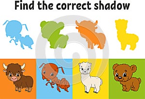 Find the correct shadow. Education worksheet. Matching game for kids. Yak, ant, alpaca, bear. Color activity page. Puzzle for