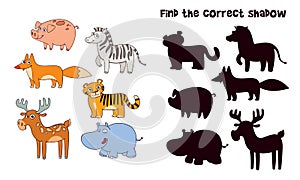 Find the correct shadow. Educational game for children. Colorful cartoon characters