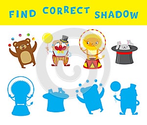 Find the correct shadow educational game for kids. Vector activity template with circus characters