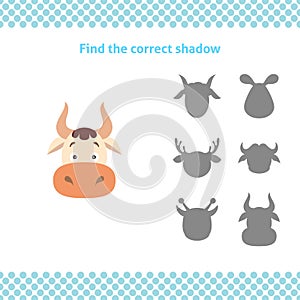 Find the correct shadow. Educational game for toddlers with cow face.