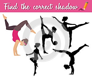 Find the correct shadow. Educational matching game for children with cartoon girl making sport