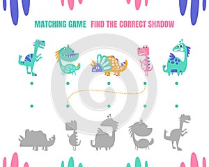 Find the Correct Shadow, Educational Matching Game for Kids with Cute Dinosaurs Vector illustration