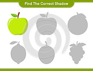 Find the correct shadow. Find and match the correct shadow of Apple. Educational children game, printable worksheet, vector