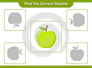 Find the correct shadow. Find and match the correct shadow of Apple. Educational children game, printable worksheet, vector