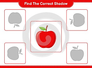 Find the correct shadow. Find and match the correct shadow of Apple. Educational children game, printable worksheet, vector
