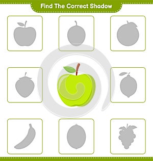 Find the correct shadow. Find and match the correct shadow of Apple. Educational children game, printable worksheet, vector