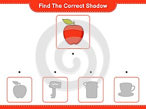 Find the correct shadow. Find and match the correct shadow of Apple. Educational children game, printable worksheet, vector