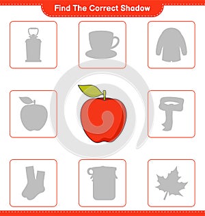 Find the correct shadow. Find and match the correct shadow of Apple. Educational children game, printable worksheet, vector