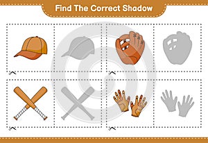 Find the correct shadow. Find and match the correct shadow of Baseball Glove, Golf Gloves, Cap Hat, and Baseball Bat. Educational