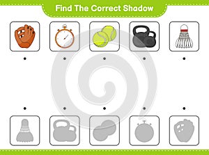 Find the correct shadow. Find and match the correct shadow of Baseball Glove, Stopwatch, Tennis Ball, Dumbbell, and Shuttlecock.