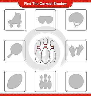 Find the correct shadow. Find and match the correct shadow of Bowling Pin. Educational children game, printable worksheet, vector