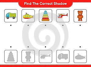 Find the correct shadow. Find and match the correct shadow of Helicopter, Lorry, Pyramid Toy, Submarine, and Teddy Bear.