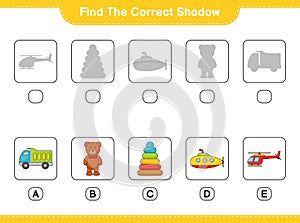 Find the correct shadow. Find and match the correct shadow of Helicopter, Lorry, Pyramid Toy, Submarine, and Teddy Bear.