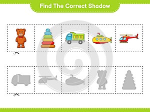 Find the correct shadow. Find and match the correct shadow of Helicopter, Lorry, Pyramid Toy, Submarine, and Teddy Bear.