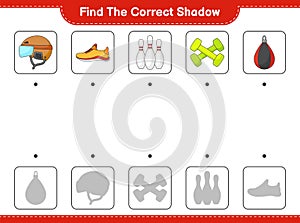 Find the correct shadow. Find and match the correct shadow of Hockey Helmet, Running Shoes, Bowling Pin, Dumbbell and Punching Bag