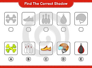 Find the correct shadow. Find and match the correct shadow of Hockey Helmet, Running Shoes, Bowling Pin, Dumbbell and Punching Bag