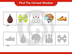 Find the correct shadow. Find and match the correct shadow of Hockey Helmet, Running Shoes, Bowling Pin, Dumbbell and Punching Bag