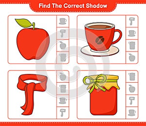 Find the correct shadow. Find and match the correct shadow of Jam, Coffee Cup, Apple, Scarf. Educational children game, printable