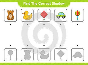 Find the correct shadow. Find and match the correct shadow of Kite, Car, Baby Rattle, Rubber Duck, and Teddy Bear. Educational