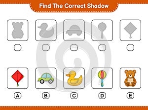 Find the correct shadow. Find and match the correct shadow of Kite, Car, Baby Rattle, Rubber Duck, and Teddy Bear. Educational
