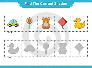 Find the correct shadow. Find and match the correct shadow of Kite, Car, Baby Rattle, Rubber Duck, and Teddy Bear. Educational