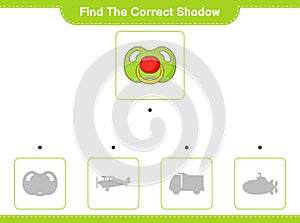 Find the correct shadow. Find and match the correct shadow of Pacifier. Educational children game, printable worksheet, vector