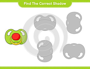 Find the correct shadow. Find and match the correct shadow of Pacifier. Educational children game, printable worksheet, vector