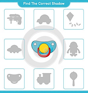 Find the correct shadow. Find and match the correct shadow of Pacifier. Educational children game, printable worksheet, vector