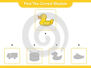 Find the correct shadow. Find and match the correct shadow of Rubber Duck. Educational children game, printable worksheet, vector