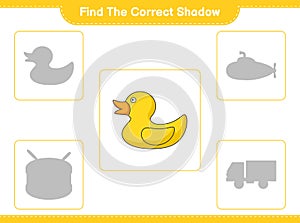 Find the correct shadow. Find and match the correct shadow of Rubber Duck. Educational children game, printable worksheet, vector