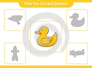 Find the correct shadow. Find and match the correct shadow of Rubber Duck. Educational children game, printable worksheet, vector