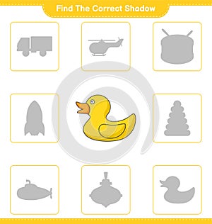 Find the correct shadow. Find and match the correct shadow of Rubber Duck. Educational children game, printable worksheet, vector