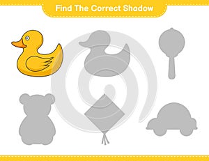 Find the correct shadow. Find and match the correct shadow of Rubber Duck. Educational children game, printable worksheet, vector