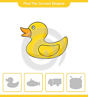 Find the correct shadow. Find and match the correct shadow of Rubber Duck. Educational children game, printable worksheet, vector