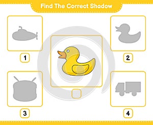 Find the correct shadow. Find and match the correct shadow of Rubber Duck. Educational children game, printable worksheet, vector