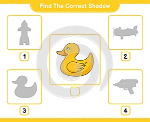 Find the correct shadow. Find and match the correct shadow of Rubber Duck. Educational children game, printable worksheet, vector