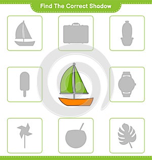 Find the correct shadow. Find and match the correct shadow of Sailboat. Educational children game, printable worksheet, vector