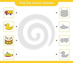 Find the correct shadow. Find and match the correct shadow of Submarine, Rubber Duck, Lorry, and Drum. Educational children game,