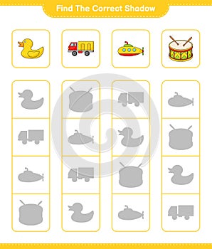 Find the correct shadow. Find and match the correct shadow of Submarine, Rubber Duck, Lorry, and Drum. Educational children game,