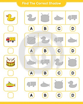 Find the correct shadow. Find and match the correct shadow of Submarine, Rubber Duck, Lorry, and Drum. Educational children game,