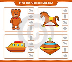 Find the correct shadow. Find and match the correct shadow of Teddy Bear, Rocking Horse, Boat, and Whirligig Toy. Educational