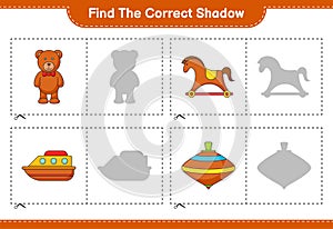 Find the correct shadow. Find and match the correct shadow of Teddy Bear, Rocking Horse, Boat, and Whirligig Toy. Educational