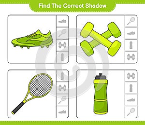 Find the correct shadow. Find and match the correct shadow of Water Bottle, Tennis Racket, Soccer Shoes and Dumbbell. Educational