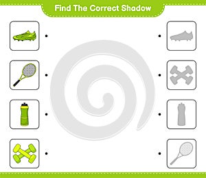 Find the correct shadow. Find and match the correct shadow of Water Bottle, Tennis Racket, Soccer Shoes and Dumbbell. Educational