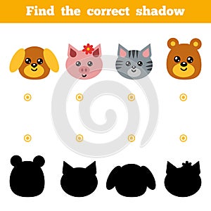 Find the correct shadow, game for children. Set of cartoon animals