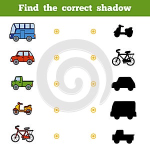 Find the correct shadow, game for children. Set of transport