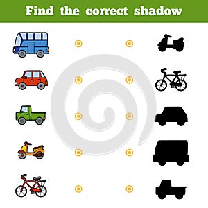 Find the correct shadow, game for children. Set of transport photo